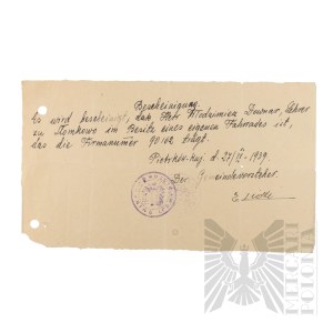 III Rzesza - Zaświadczenie o Posiadaniu Roweru przez Włodzimierza Downara. Piotrków Kujawski.