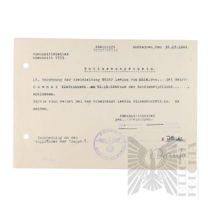 III Rzesza - Zaświadczenie z 30.12.1944 r. o Zwolnieniu z Obowiązku Służby Przymusowej Włodzimierza Downara.