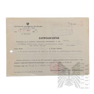 People's Republic of Poland - Certificate of the Central Military Archives for Felix Bożeński on his military service.