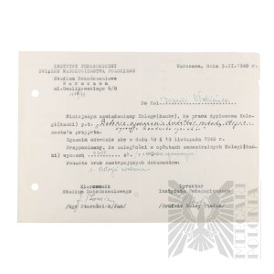 PRL - Zawiadomienie o Przyjęciu Pracy Magisterskiej do Obrony. Podpisane przez prof. Stefana Baleya (dot. Włodzimierza Downara). Warszawa