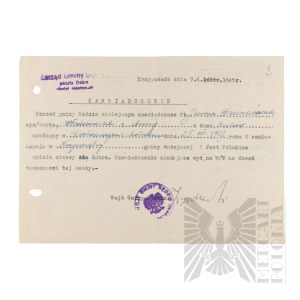 PRL - Certificate of Confirmation of Identity Issued by the Sędzin Municipality Board to Janina Downar.