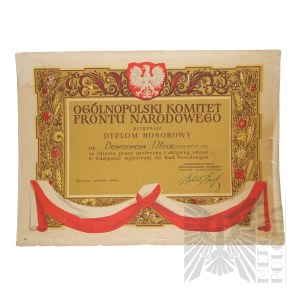 PRL - Dyplom Honorowy Ogólnopolskiego Komitetu Frontu Narodowego dla Włodzimierza Downara.