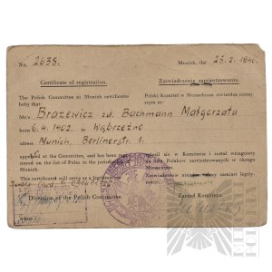 PRL - Certificate of Registration of Małgorzata Brazewicz Issued by the Polish Committee in Munich.