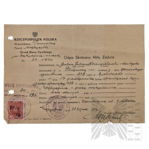 PRL - Odpis Skrócony Aktu Zejścia Gubina Juliana von Dziengielewskiego Rozstrzelanego 17.10.1939 r.w Wąbrzeźnie.