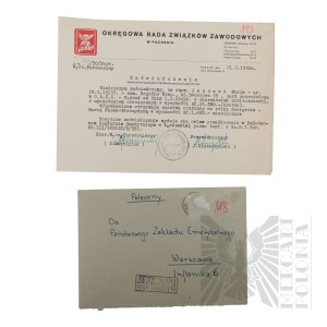 PRL - Certificate of the District Council of Trade Unions in Poznań for Maria Janasek (Brig. Gen. Jerzy Ferek-Błeszyński).