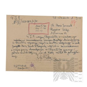 PRL - Certificate of the District Council of Trade Unions in Poznań for Maria Janasek (Brig. Gen. Jerzy Ferek-Błeszyński).