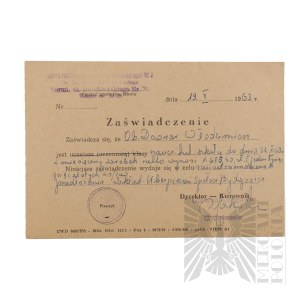 PRL - Orzeczenie Lekarskie Wraz z Wypowiedzeniem Stosunku Służbowego Włodzimierza Downara.