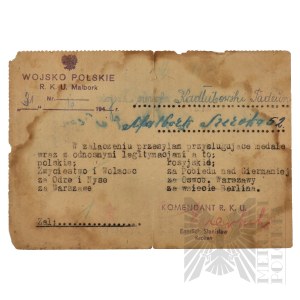 People's Republic of Poland - Letter from R.K.U. Malbork to Tadeusz Kadlubowski - Sending Legitimation for Decorations.