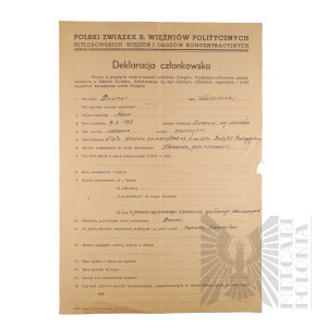 PRL - Membership Declaration of the Polish Union of B. Political Prisoners of Hitler's Prisons and Concentration Camps by Wlodzimierz Downar.