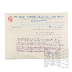 People's Republic of Poland - Letter from ZNP on Refusal of Raise for Vladimir Downar. Torun.