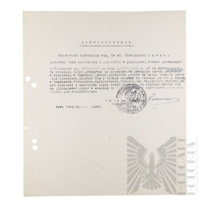 PRL - Certificate of Secret Teaching Conducted by Vladimir Downar during World War II.