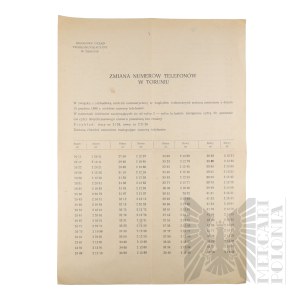 PRL - Ulotka Informacyjna o Zmianie Numerów Telefonów w Toruniu, Wydana przez Rejonowy Urząd Telekomunikacyjny w Toruniu.