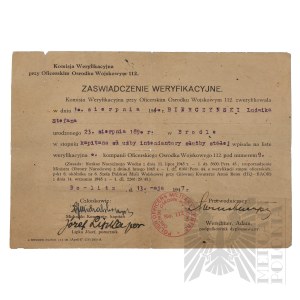 PSZnZ - Zaświadczenie Weryfikacyjne dla Ludwika Bierczyńskiego. Na Dokumencie Widnieje Pieczęć Oficerskiego Ośrodka Wojskowego nr 112 (Armia Renu).