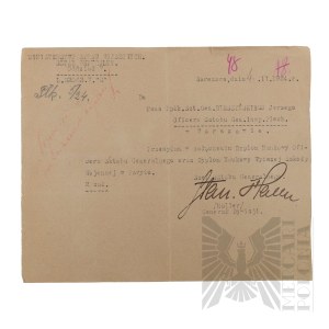 II RP - Letter from the Ministry of Military Affairs Addressed to Brig. Gen. Jerzy Ferek-Błeszyński Signed in his own hand by Chief of General Staff Gen. Stanislaw Haller Victim of the Katyn Massacre.