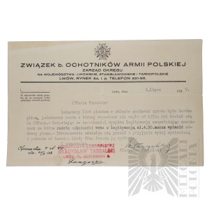 II RP - Letter from Wladyslaw Targalski to the Union of Former Polish Army Volunteers of the District Board for Lviv, Stanislawow and Ternopil Provinces. Lviv.