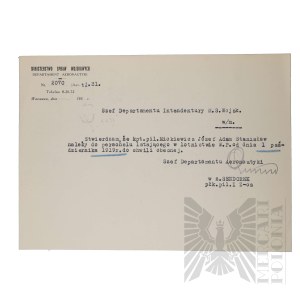 II RP - Pismo Ministerstwa Spraw Wojskowych Departamentu Aeronautyki w Sprawie kpt. pil. Józefa Mickiewicza.