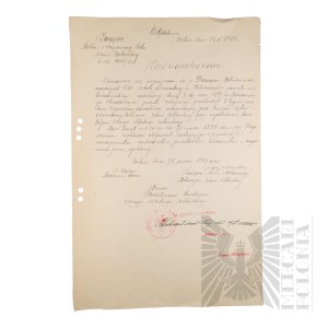 II RP - Copy of the Certificate of the Union of Wheels and Agricultural Organizations of the Vilnius Land for Wlodzimierz Downar. Vilnius.