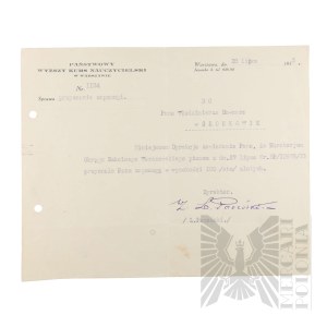 II RP - Pismo Państwowego Wyższego Kursu Nauczycielskiego w Warszawie do Włodzimierza Downara.