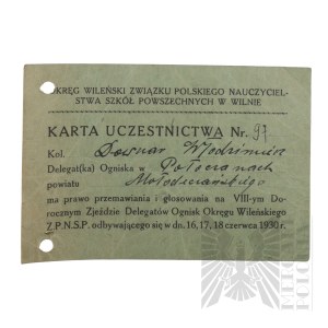 II RP - Karta Uczestnictwa Włodzimierza Downara w VIII-ym Zjeździe Delegatów Ognisk Okręgu Wileńskiego Z.P.N.S.P. . Wilno.