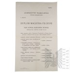II RP/III Rzesza - Odpis Dyplomu Magistra Filozofii Wydziału Humanistycznego Uniwersytetu Warszawskiego, Nadanego Jadwidze Aleksandrze Sikorskiej/ Akt Zgonu Jadwigi Sikorskiej Wydany Przez Zarząd Obozu Koncentracyjnego Auschwitz