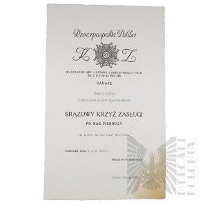 II RP - Diploma of the Bronze Cross of Merit - Mostjewo, Miedzychodz District year 1939
