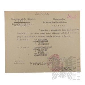II RP - Odpis Pisma Francuskiej Misji Wojskowej w Polsce Przekazującego w Załączeniu Ocenę Oficerów Polskich, tj. płk. Żymierskiego, ppłk. Błeszyńskiego, ppłk. Andersa, ppłk Stachiewicza (Pismo Przewodnie). Warszawa.