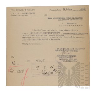 II RP - Letter from the Treasury Chamber in Poznań Transmitting the Files (Letter of Guidance) of Capt. Pilot Jozef Mickiewicz to the Minister of Military Affairs in Warsaw. Poznan