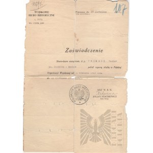 II RP Zaświadczenie “Wojskowe Biuro Historyczne” 1933 -Wrzosek Wacław ps. Jaskółka -Bocian