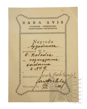 II RP - Award from the weekly magazine Rara Avis, Warsaw, 5 XI 1930