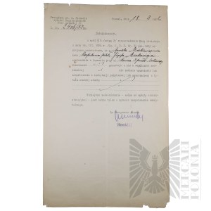 II RP - Certificate of the President of the City of Poznań for Amelia Mickiewicz on the Place of Residence.