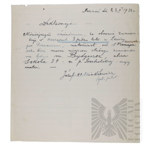 II RP - Declaration of the Place of Residence of Capt. Pil. Józef Mickiewicz. Poznan