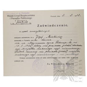 II RP - Zaświadczenie Miejskiego Urzędu Bezpieczeństwa i Porządku Publicznego w Poznaniu Wystawione dla kpt. pil. Józefa Mickiewicza.