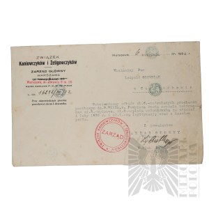 II RP - Letter from the Union of Kaniowczycy and Zeligowczycy Main Board in Warsaw Addressed to Leopold Glowiak in Czestochowa.