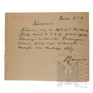 II RP - Certificate from the Chamber of Sickness of the 3rd Airborne Regiment Issued to Capt. Pilot Jozef Mickiewicz.
