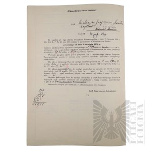 II RP - Pension Account Card of Capt. Pilot Józef Mickiewicz, Poznań, Signature of Major Tadeusz Berger.