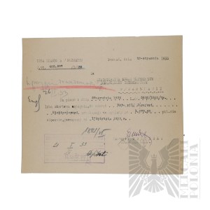 II RP - Letter from the Treasury Chamber in Poznań to the Ministry of Military Affairs regarding the amount of the pension of Capt. Pil. Józef Mickiewicz.