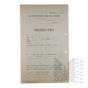 II RP - Świadectwo Ukończenia Państwowego Wyższego Kursu Nauczycielskiego Wystawione dla Włodzimierza Downara.