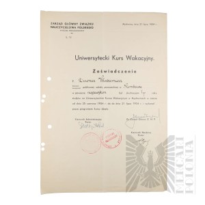 II RP - Zaświadczenie Zarządu Głównego ZNP o Ukończeniu Pierwszego Roku Studiów dla Włodzimierza Downara. Mysłowice.