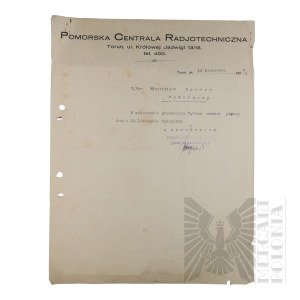 II RP - Letter from the Pomeranian Radio Technical Headquarters to Wlodzimierz Downar.