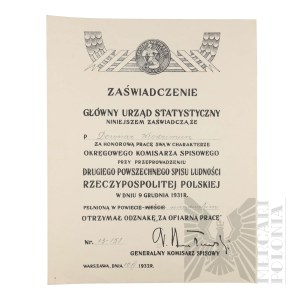 II RP - Certificate of the Central Statistical Office on Work in the Character of District Census Commissioner at the Conduct of the Second Census of Population of the Republic of Poland for Włodzimierz Downar.