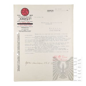 II RP - Pismo Składu Nut Instrumentów Muzycznych “KRESY” z 1931 r. w Sprawie Zamówienia Instrumentów Muzycznych przez Włodzimierza Downara. Cieszyn.