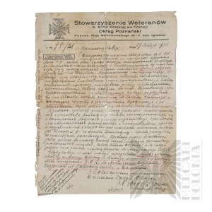 II RP - Document Letter Association of Veterans of the former Polish Army in France, Poznań, 1936.