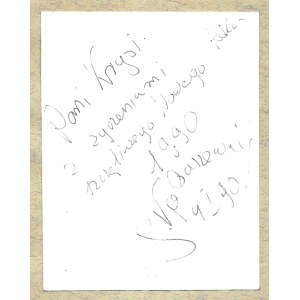 [KOBUSZEWSKI Jan]. Handwritten dedication on back of photo, dated. 4 I 1990.