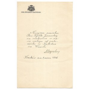 Povolení pro B. Rychter-Janowskou k malování ve Wawelské katedrále z roku 1916