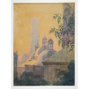 ŁOTOCKI K. (1882-1942) – Cerkiew Wołoska i Wieża Ratuszowa. Niesygn. rysunek kredkami.