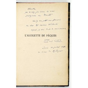 CAZIN, Paul – *L'alouette de pâques*. Paris, 1924. Author's dedication