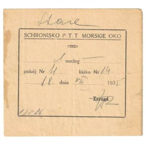 [MORSKIE Oko]. Kwit noclegowy ze starego schroniska przy Morskim Oku, z datą 18 VII 1935.