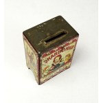 [PIGGY BANK]. An incomplete metal piggy bank featuring sayings that encourage children to save money.