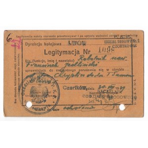 LEGITYMACJA wystawiona robotnikowi Franciszkowi Jedlińskiemu przez Oddział Drogowy PKP w Czortkowie dn....