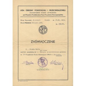 CERTIFICATE of completion of a 12-hour course in air defense and...